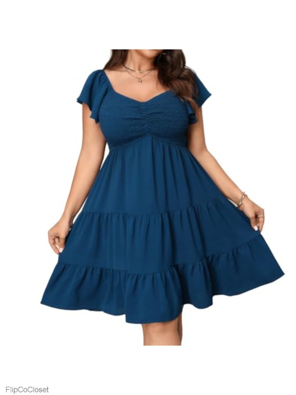 Plus Size Smocked Flutter Sleeve Dress with Pockets